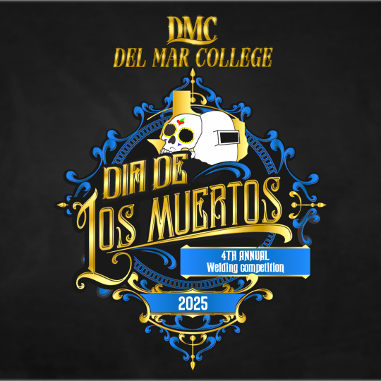 Welder's helmet with words Dia de Los Muertos Welding Competition and location information overhead