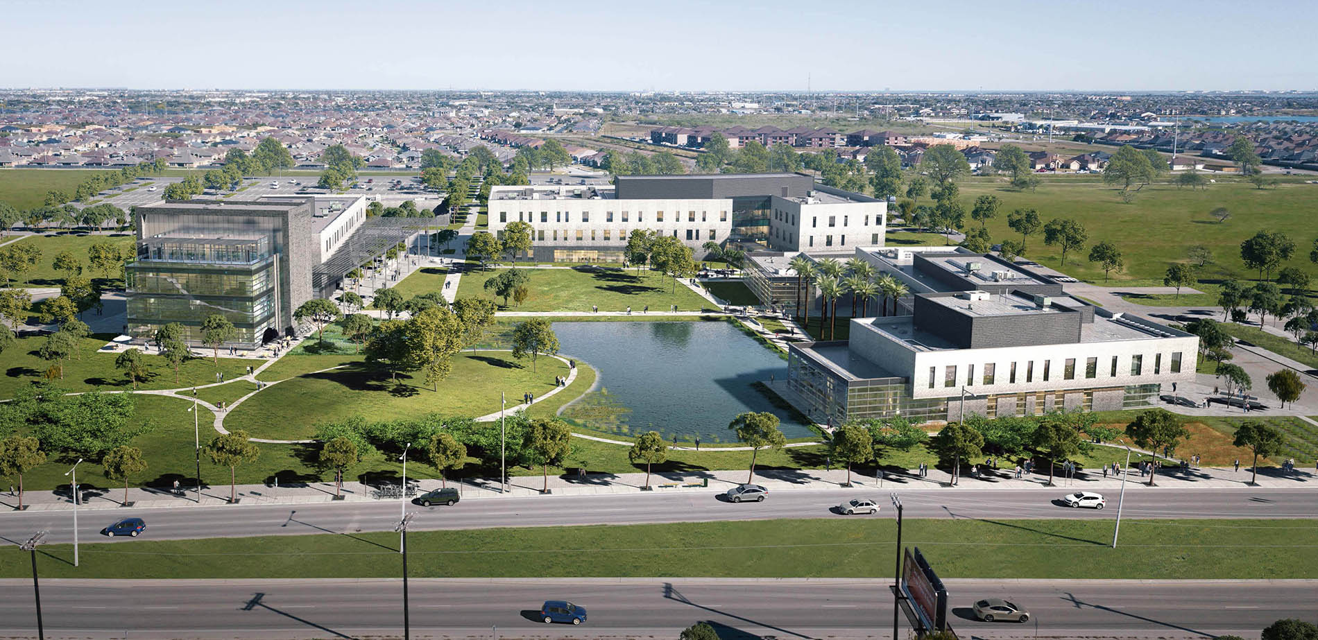 Architect rendering of Oso Creek Campus with water feature