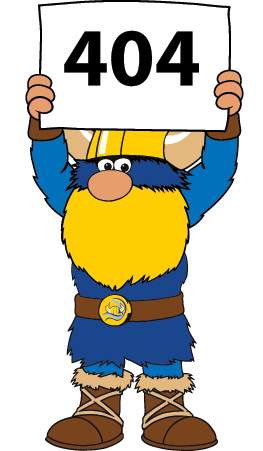 Valdar the Viking mascot holding a 404 sign