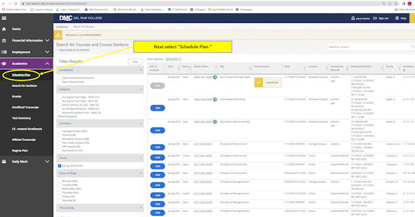 Sections screen showing "Schedule Plan" option in left navigation menu