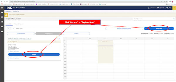 Register for Classes screen in WebDMC with "Register and Register Now" button highlighted
