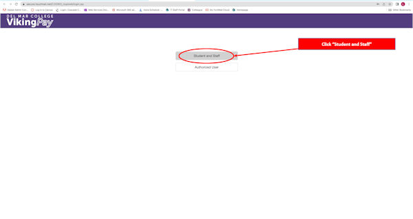 Viking Pay window with "Student and Staff" button circled