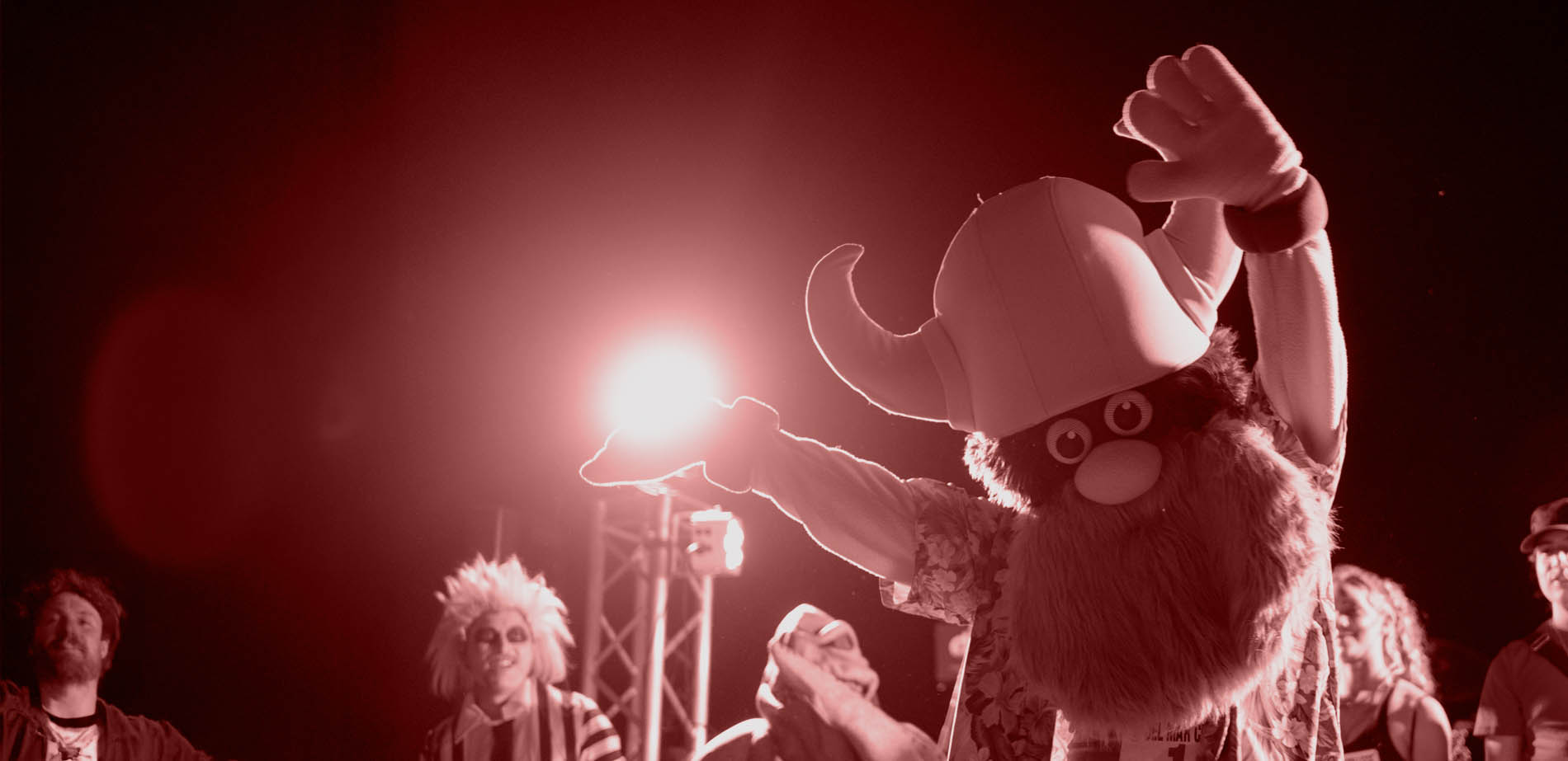 Valdar the Viking raising his arms in celebration with a group of onlookers