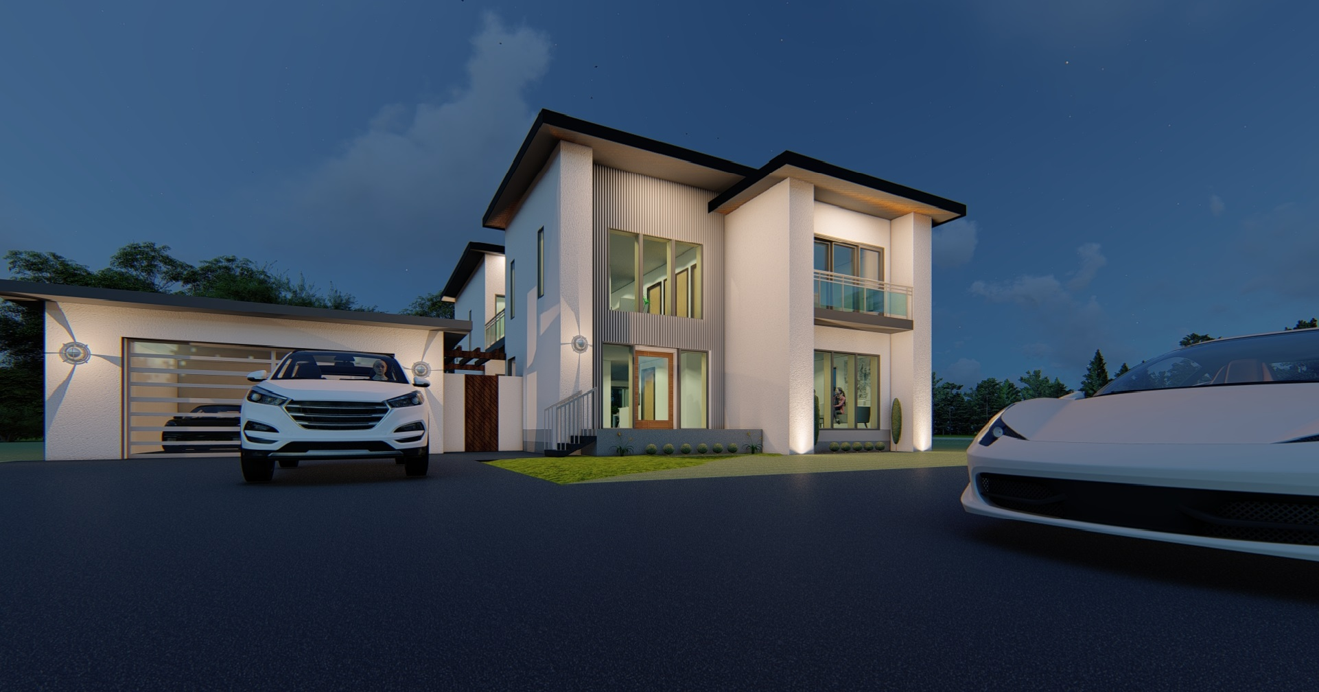 Nighttime rendering of a modern illuminated two-story house with a garage, two white cars, and a balcony.