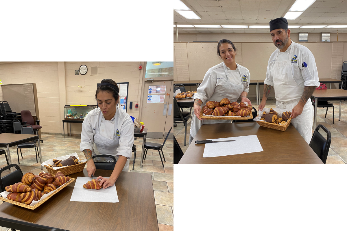 Students display basket of croissants