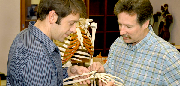 An instructor showing a student the parts of the human bone structure.