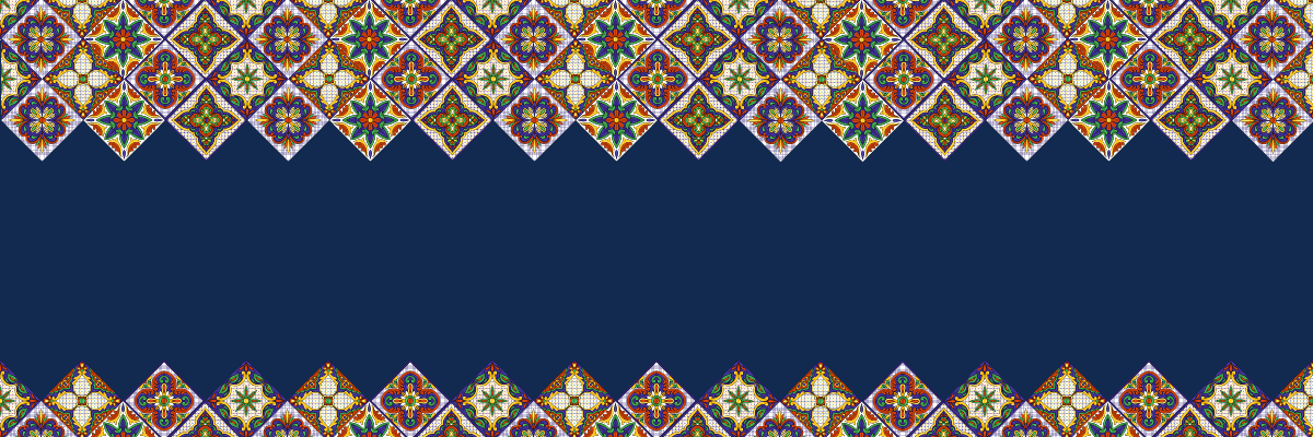Colorful tiles across the top and bottom of the image