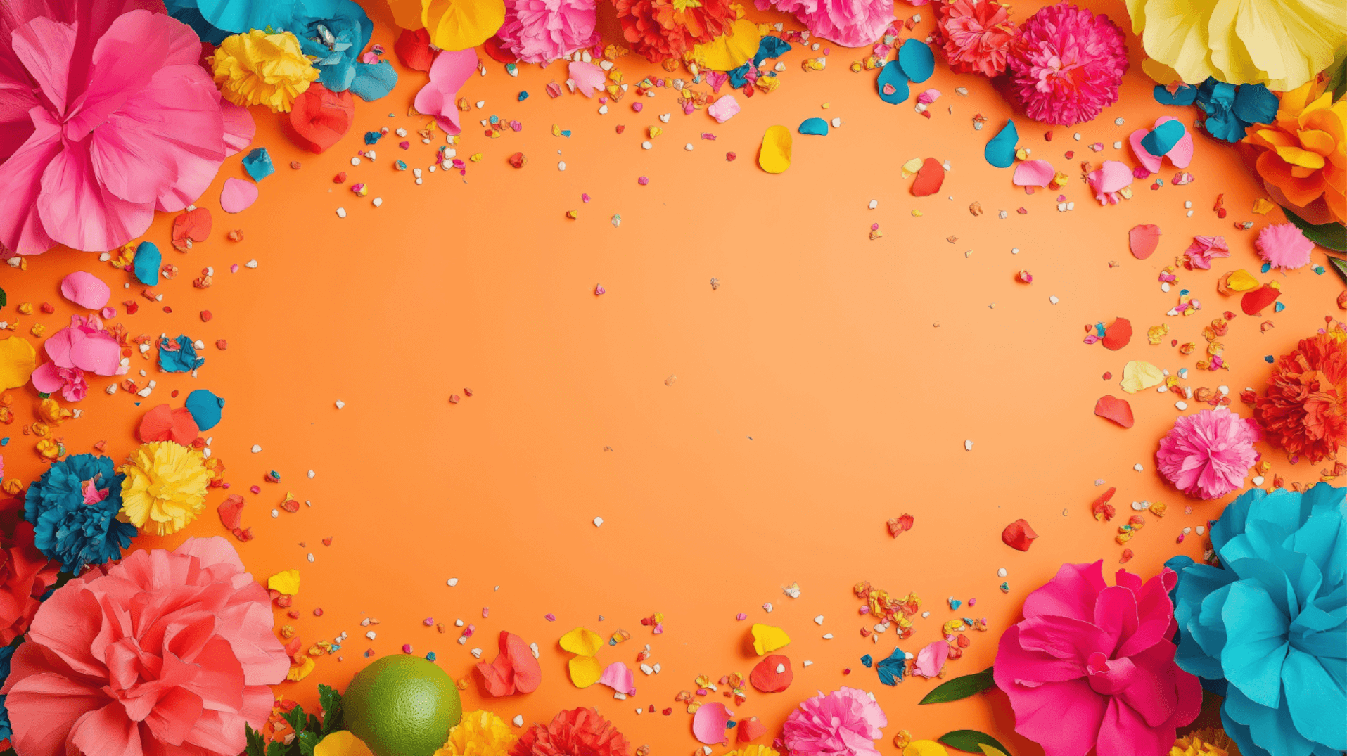 An orange background with various colored paper flowers and confetti