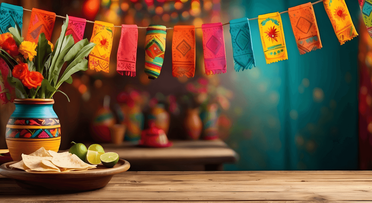  A festive scene with colorful papel picado, a vase of flowers, and a plate with tortilla chips and limes on a wooden table.