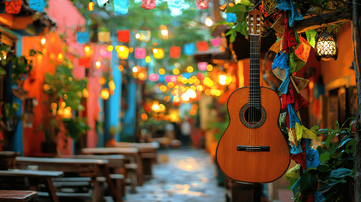 A street decorated with colorful lanterns and a hanging guitar.
