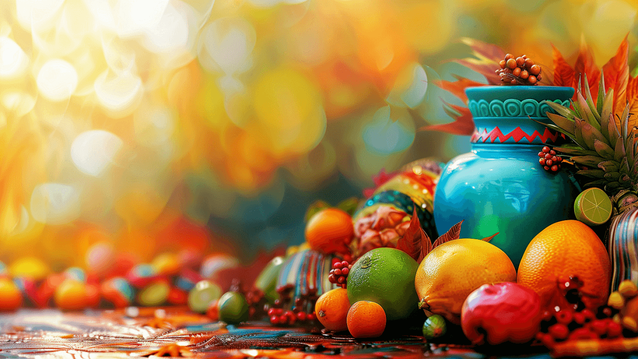 A vibrant arrangement of tropical fruits and a turquoise vase against a warm, blurred background.