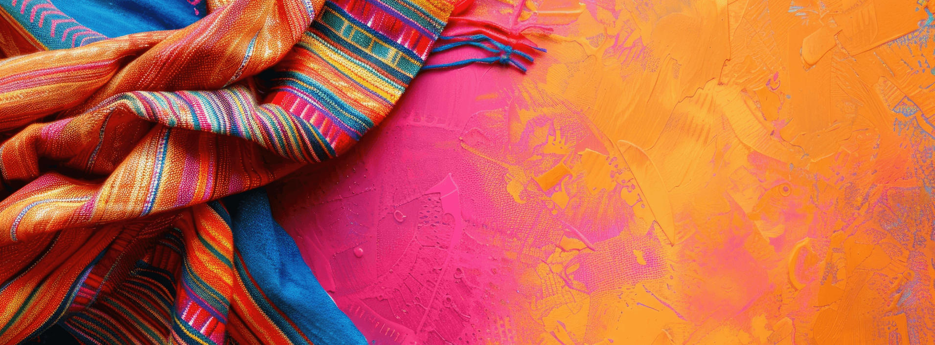 Colorful textile with intricate patterns draped over a bright pink and orange textured background.