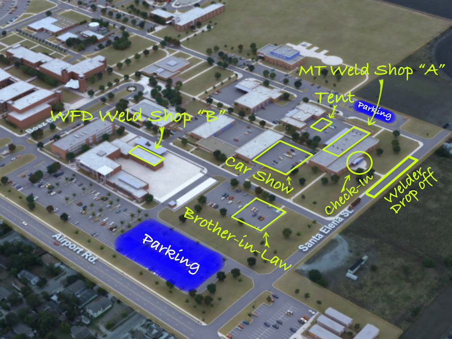 Map of Del Mar College Windward Campus showing competition locations, available parking, and check-in areas.