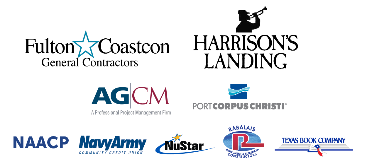 Bernie's Spring Bash Sponsors Logos: Fulton Coastcon Contractors, Harrison's Landing, AGCM a professional project management firm, Port of Corpus Christi, NAACP, NavyArmy Community Credit Union, NuStar Energy, Rabalais Instrument and Electrical Constructors, and the Texas Book Company.