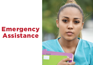 Mother and daughter wearing masks with words "Emergency Assistance"