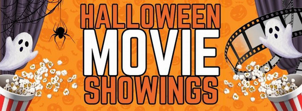 Halloween Movie Showings graphic with ghosts, popcorn, spiderwebs, and film reels.