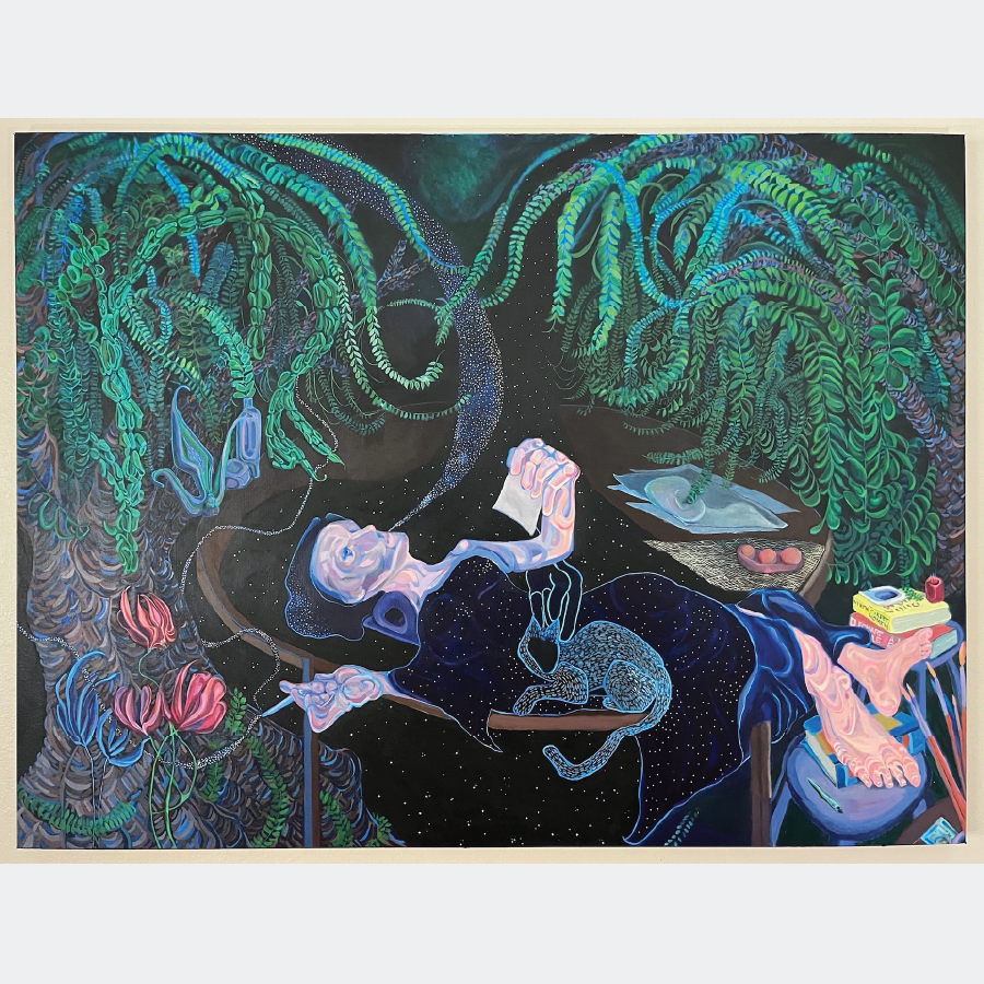painting of a woman in a mystical setting at night