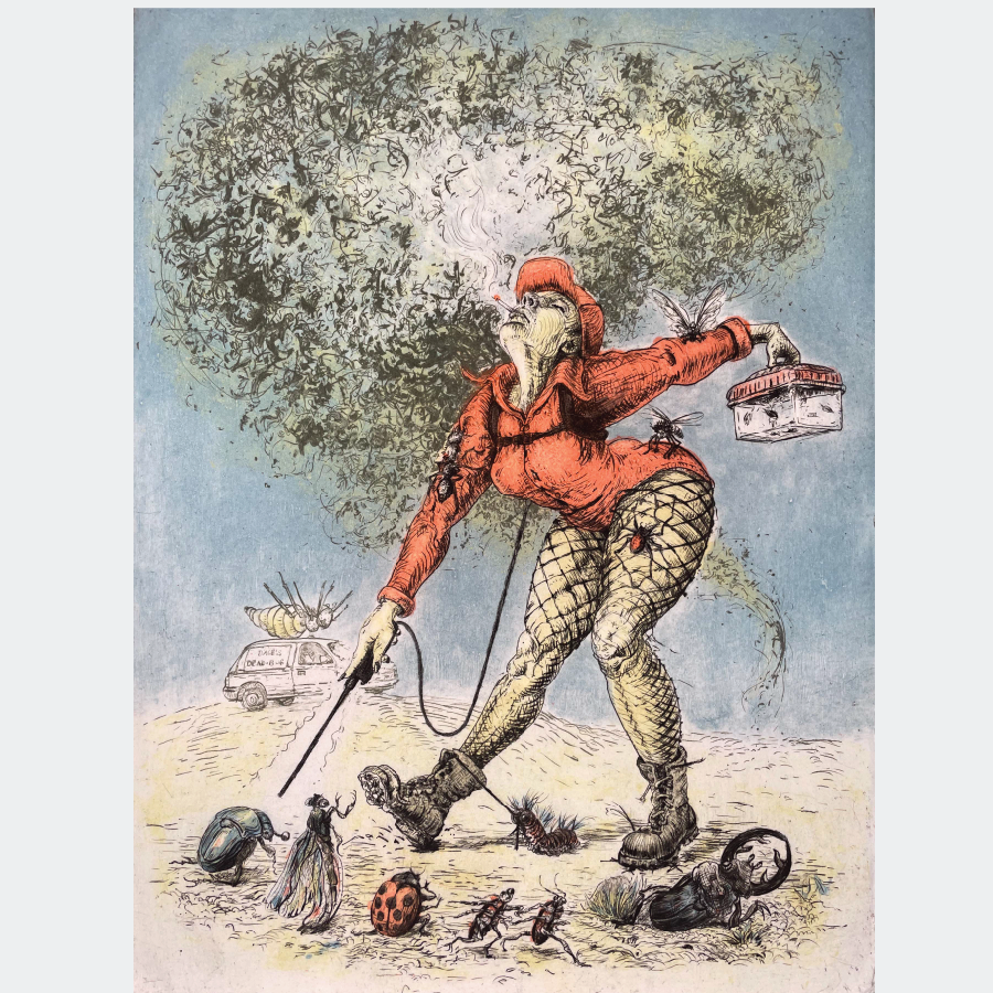 print of a woman exterminator and bugs