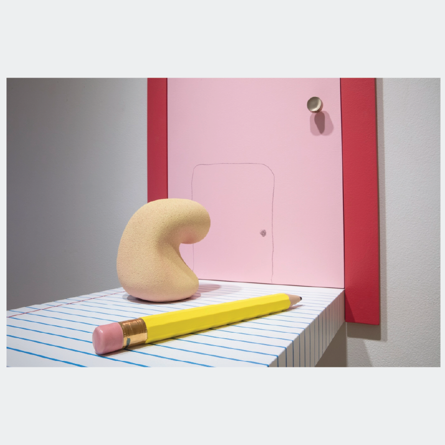 clay blob figure sitting on clay notebook paper with a large pencil and handdrawn door