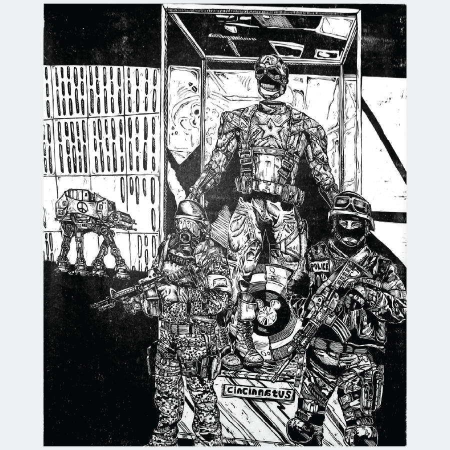 print of two military people guarding a captain america suit
