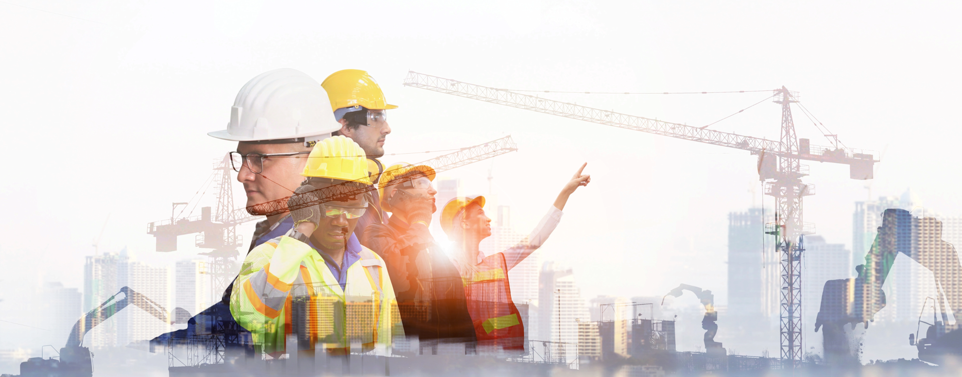 Multiple building trades workers in front of a City skyline in the background