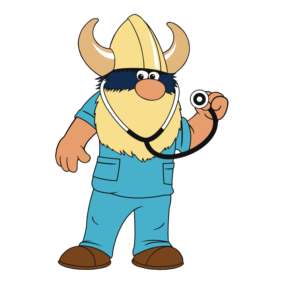 Valdar the Viking in scrubs using a stethoscope