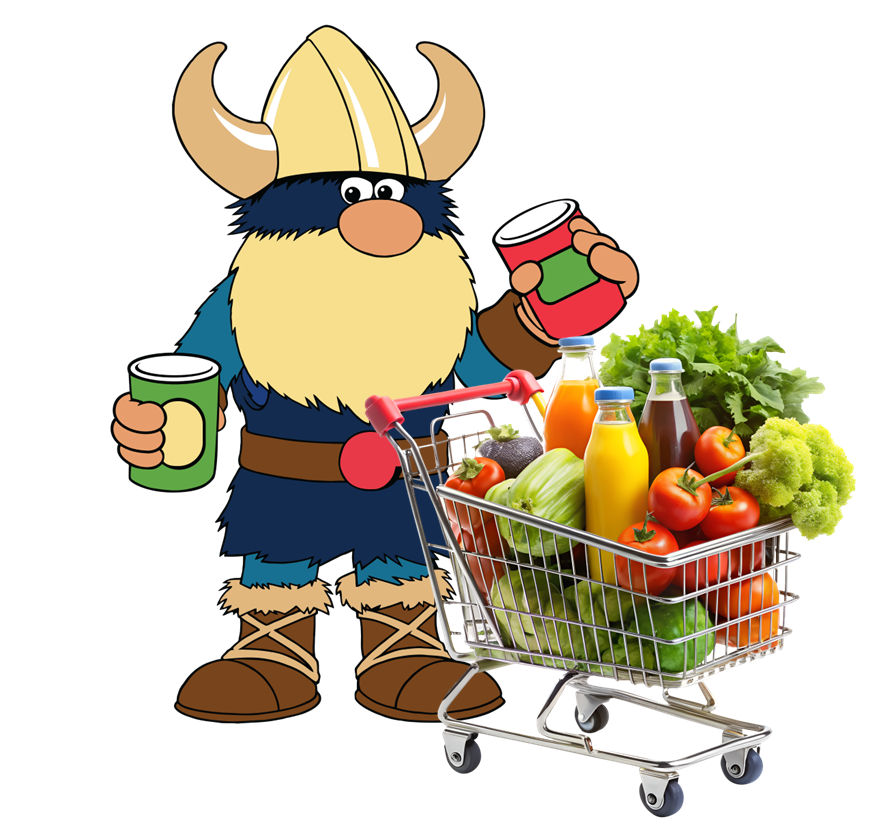 Valdar the Viking holding cans of food in front of a shopping cart filled with groceries