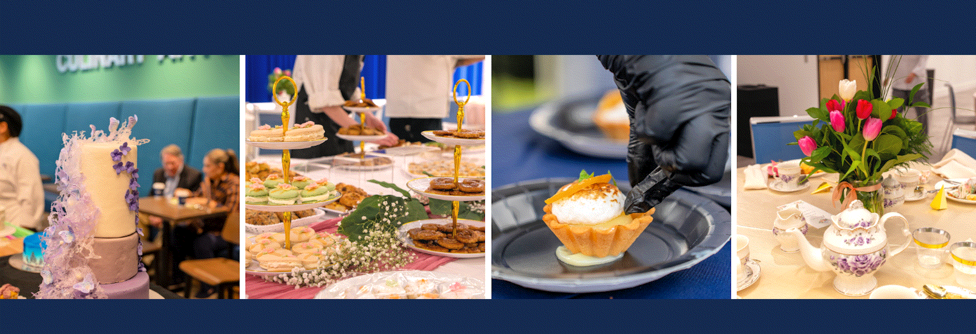 Photos of culinary arts projects of a cake, a tea party table with food, and dishes cooked by culinary students