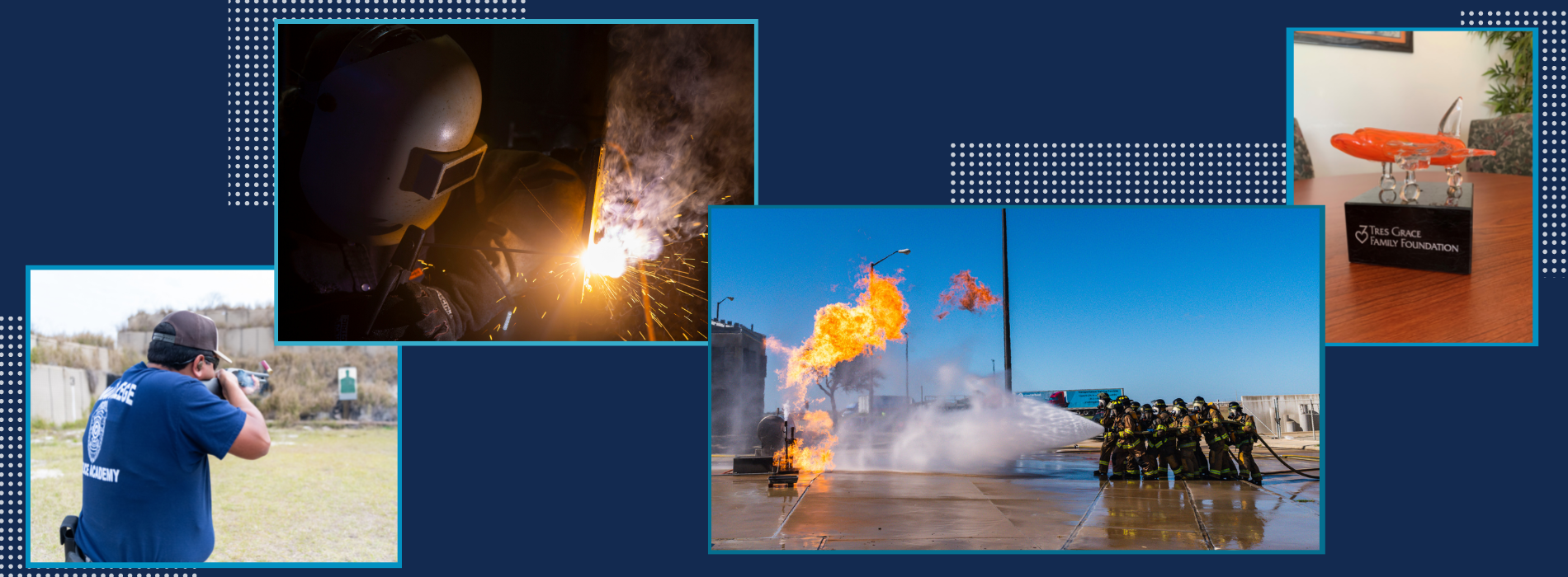 Collage of a police cadet at shooting range, welder with torch, fire cadet students putting out a fire, aviation award.