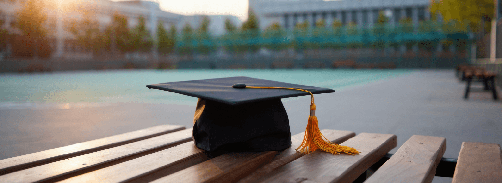 Black graduation cap with a gold tassel sitting on a wooden bench in a sunlit outdoor area.