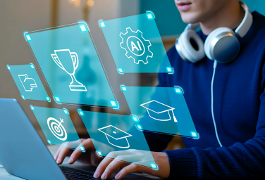 Person wearing headphones works on a laptop beside floating turquoise panels displaying education and achievement icons.