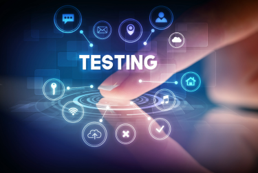 Futuristic digital interface with a glowing fingertip touching connected circular icons beneath the word “TESTING.”
