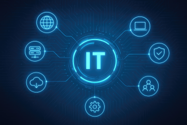 IT network concept with various technology icons.