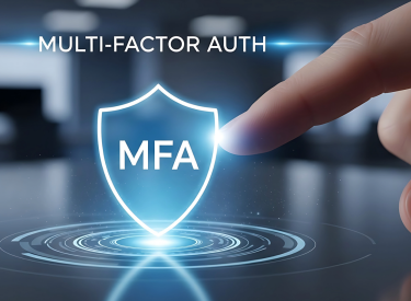 A blue shield labeled "MFA" with a finger near it; text reads "MULTI-FACTOR AUTH."