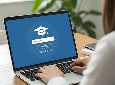 Person at a laptop with a login page displaying a graduation cap icon and text fields for user login on a blue background.