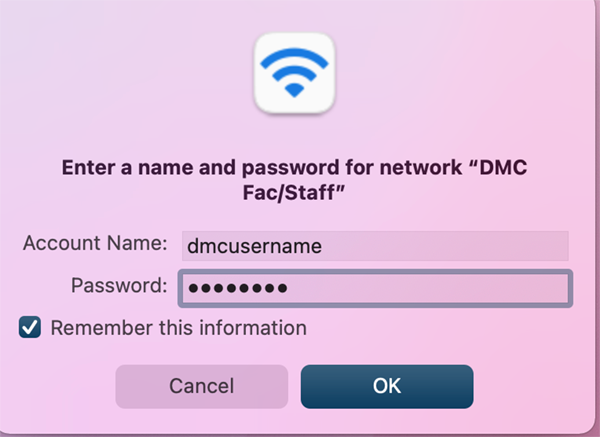 Screenshot showing user credentials