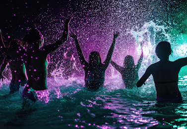 People in the pool at a glow party