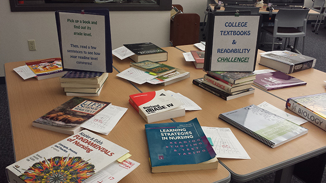 Books displayed on a desk