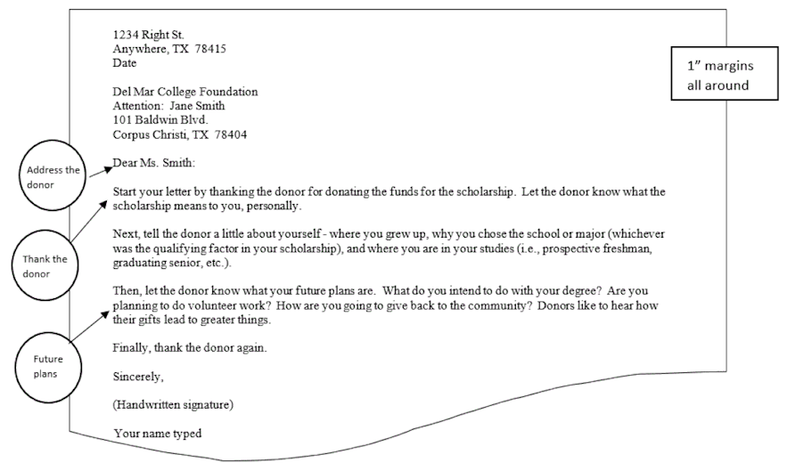 Start off with one inch margins all around.  Your address, Donor's address, salutation.   The first paragraph is where you thank the donor.  Next tell the donor a little about your self. Then let the donor know what your future plans are.  Finally thank the donor again.  And, always sign yoour letters.