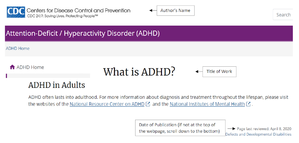 Screenshot example of APA citation information for a webpage using the CDC website showing ADHD definition.