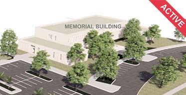 Rendering of Memorial Building with trees and parking