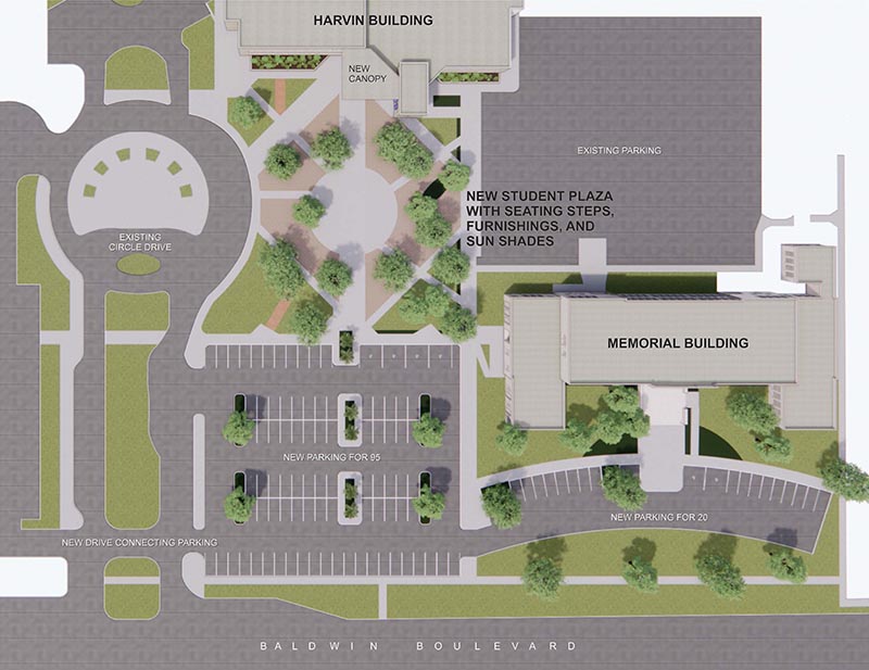 Overview of planned parking lots and plazas around Harvin Center