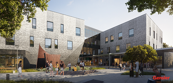 Rendering of Southside campus buildings during daylight, showing brickwork styles.