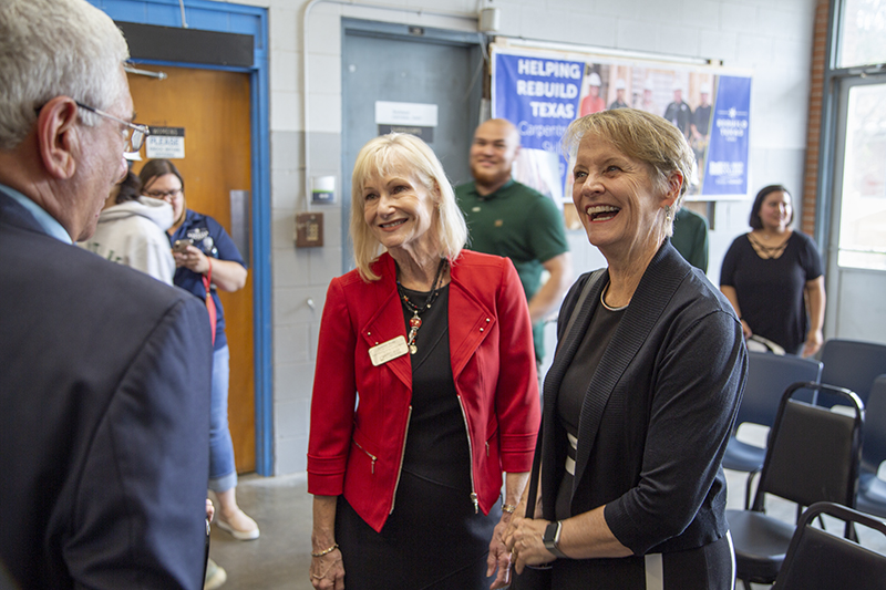 Regent Susan Hutchinson talking with Mayor Patrick Rios from Rockport at a celebration of the Rebuild Texas Program